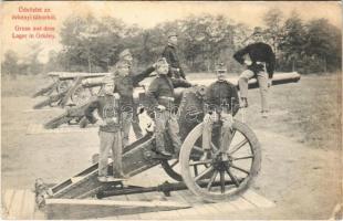 1909 Üdvözlet az örkényi táborból!, katonák ágyún pózolnak / Hungarian military from Örkény camp, soldiers posing on a cannon