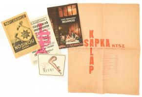cca 1930-1972 össz. 5 db reklám nyomtatvány: Nosikou krém (art deco illusztrációval), 1972 Jazz világsztárok hangversenye (Thelonious Monk, Art Balkey stb.), Café-Restaurant Belvárosi (hajtott, lyukasztott), stb.