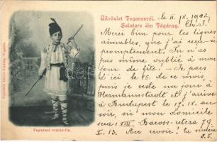 1902 Üdvözlet Fogarasról. Román fiú. Thierfeld Dávid kiadása / Salutare din Fagaras / Romanian folklore