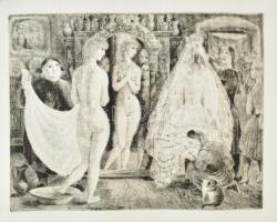 Szabó Vladimir (1905-1991): Készülődés az esküvőre, rézkarc, papír, jelzett a karcon, felcsavarva, gyűrődésekkel, 29×39 cm