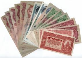 16db-os vegyes, Korona, Pengő és Forint bankjegytétel, közte 1930. 100P alacsony sorszámmal (ragasztott) T:III-IV