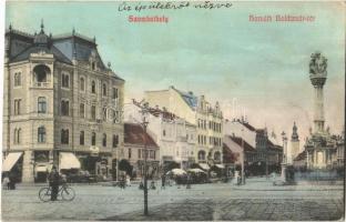 1912 Szombathely, Horváth Boldizsár tér, üzletek, piac, Szentháromság szobor. Seiler kiadása (fl)