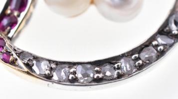 Arany(Au) 14K bross ezüst(Ag) foglalattal, gyöngyökkel, apró kövekkel, jelzés nélkül, d: 3,5 cm, bru...