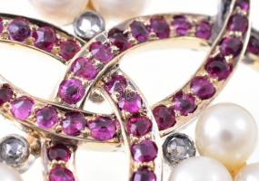 Arany(Au) 14K bross ezüst(Ag) foglalattal, gyöngyökkel, apró kövekkel, jelzés nélkül, d: 3,5 cm, bru...