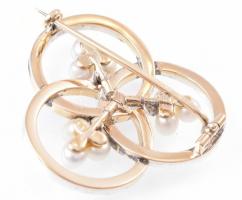 Arany(Au) 14K bross ezüst(Ag) foglalattal, gyöngyökkel, apró kövekkel, jelzés nélkül, d: 3,5 cm, bru...