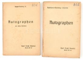 1928 Kéziratokat és aláírásokat árverésre bocsájtó aukciósház 2 db német nyelvű katalógusa: Auktions-Katalog CXXXII és Lager-Katalog 23, Karl Ernst Henrici, Berlin. Kissé foltos és gerincénél sérült.