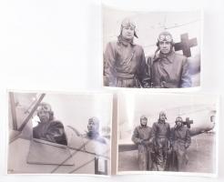 cca 1940-1950 Vöröskeresztes pilóták, replülőkkel 3 db vintage fotó, törésekkel, egyiken szakadással, 18x24 cm