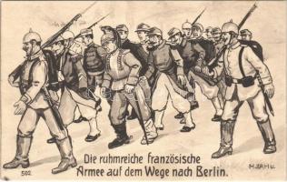 Die ruhmreiche französische Armee auf dem Wege nach Berlin / WWI German military art postcard, The glorious French army on the way to Berlin, French POW (prisoner of war) s: H. Zahl