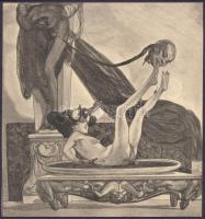 Franz von Bayros (1866-1924): 'Le Bain bien Chaud', erotikus heliogravűr, papír kartonon, ...