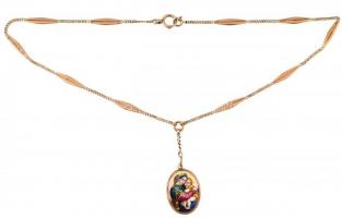 Arany (Au) 14K lánc, porcelán Mária medállal, jelzett, h: 48 cm, bruttó: 21,69 g
