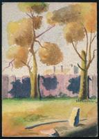 Lénárd Imre (1889-1918): A rózsaszín kerítés. Akvarell, papír, jelzett, 17,5x12,5 cm
