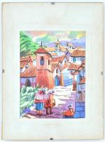 Olvashatatlan jelzéssel: Latin-amerikai kisváros látképe, akvarell, papír, üveg mögött, 15×11,5 cm