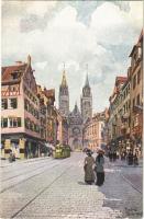 Nürnberg, Nuremberg; Karolinenstrasse mit Lorenzkirche / street view, church, tram s: Franz Schmidt