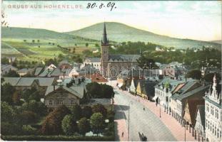 1909 Vrchlabí, Hohenelbe; street, church (EB)
