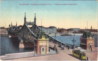1912 Budapest, Ferenc József híd, villamos. T. M. ezelőtt Schw. és W. (EK)