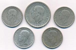 Svédország 1937-1949. 1K Ag "V. Gusztáv" (4xklf) + 1950. 2K Ag "V. Gusztáv" T:2,...