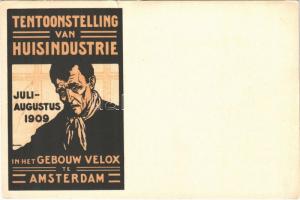 1909 Tentoonstelling van Huisindustrie in het Gebouw Velox te Amsterdam / Dutch home industry exhibition in Amsterdam, advertisement art postcard litho s: D. H. Melk (kis szakadás / small tear)