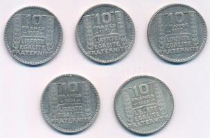 Franciaország 1929-1933. 10Fr Ag (5x) 4xklf T:2,2- France 1929-1933. 10 Francs Ag (5x) 4xdiff C:XF,VF