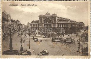 1928 Budapest VII. Keleti pályaudvar, vasútállomás, Baross szobor, villamos, automobil (fl)