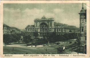1927 Budapest VII. Keleti pályaudvar, vasútállomás, Baross szobor, villamos, Takács üzlete (EB)