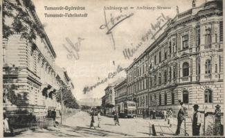 1905 Temesvár, Timisoara; Gyárváros, Andrássy út, villamos / Fabrica, street, tram