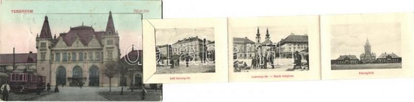 Temesvár, Timisoara; vasútállomás villamossal, leporellolap / railway station with tram, leporellocard