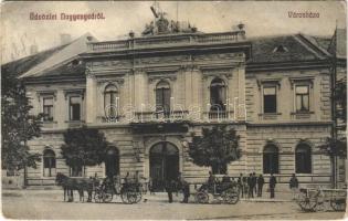 1911 Nagyenyed, Aiud; városháza, lovashintók. Földes Ede kiadása / town hall, horse chariots (Rb)
