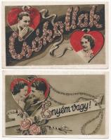 12 főleg RÉGI motívum képeslap: szerelmes párok / 12 mostly pre-1945 motive postcards: couples in love