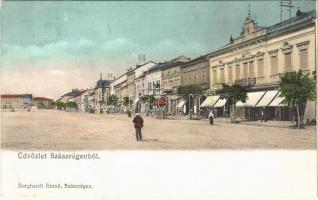 Szászrégen, Reghin; utca, Gustav Rösler üzlete, szálloda. Burghardt Rezső kiadása / street view, shops, hotel (ragasztónyom / glue mark)