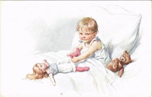 Children art postcard, girl with teddy bear and doll. C.W. Faulkner & Co. E.C. Series No. 1286-1. s: K. Feiertag