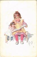 Children art postcard, girl with doll. B.K.W.I. 525-2. s: K. Feiertag (EB)