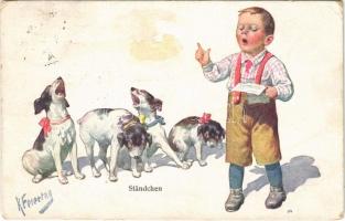 Ständchen / Children art postcard, boy with dogs. B.K.W.I. 191-4. s: K. Feiertag (EB)