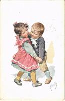 1919 Children art postcard, romantic couple. B.K.W.I. 777-6. s: K. Feiertag (fa)