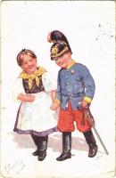 1912 Children art postcard, romantic couple, K.u.K. military officer boy. B.K.W.I. 957-6. s: K. Feiertag (EB)