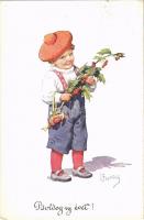1916 Boldog Újévet! / Children art postcard with New Year greeting. B.K.W.I. 2983-2. s: K. Feiertag (EK)