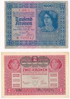 Ausztria 1917. 2K zöld DEUTSCHÖSTERREICH felülbélyegzéssel + 1922. 1000K T:I- Austria 1917. 2 Kronen with green DEUTSCHÖSTERREICH overprint + 1922. 1000 Kronen C:AU