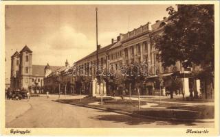 1938 Gyöngyös, Hanisz Imre tér, Hungária szálloda, automobil, Országzászló, üzlet