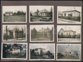 cca 1920 Rákoshegyi eladó házak, az albumlapon levő 9 db vintage fotó egy része feliratozva, beárazva; a karton hátoldalán további 8 db privátfotó kutyákkal, 4,5x6,4 cm, karton 16x21,5 cm