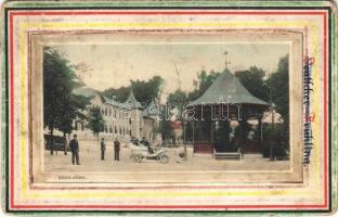 Hévíz, sétány, Györgyház, zenepavilon, automobil. Kivágott képeslap képe másik lapra ragasztva (kopott sarkak / worn corners)