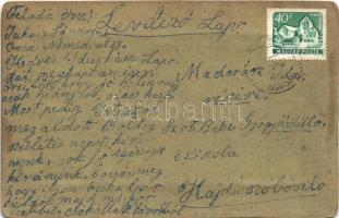 Hévíz, sétány, Györgyház, zenepavilon, automobil. Kivágott képeslap képe másik lapra ragasztva (kopo...