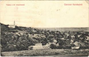 1912 Harsány, Tájkép, Református templom. Borsod-Harsányi fogyasztási szövetkezet kiadása (EK)