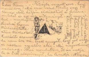 1925 Cserkésztábor, trombitáló cserkész. Kiadja a 40. sz. Szekszárdi Cserkészek csapata / Hungarian boy scout art postcard, trumpet