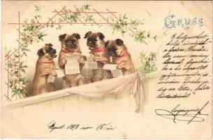 1898 Singing dogs, dog choir. Floral, litho