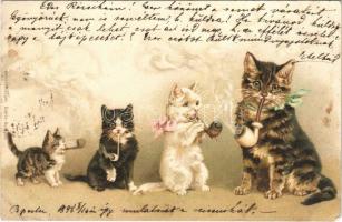 1898 Cats smoking pipes. Schmidt Edgar litho (EK)