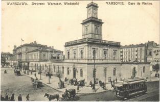 Warszawa, Varsovie, Warschau, Warsaw; Dworzec Wiedenski / Gare de Vienne / railway station, tram, horse-drawn carriages. Nakl. A. Chlebowski i S-ka. Fotochem. B. Wierzbicki i S-ka.