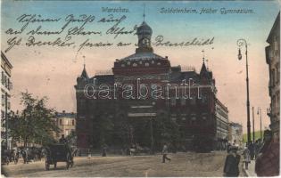 1916 Warszawa, Varsovie, Warschau, Warsaw; Deutsches Soldatenheim, früher Gymnasium / street view, German soldiers rest center (formerly high school), tram