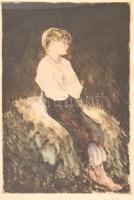 Prihoda István (1891-1956): Pásztorlányka; színezett rézkarc, jelzett. üvegezett keretben. 33x49 cm