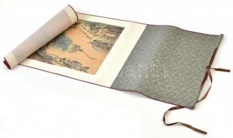 Kínai selyem falikép eredei dobozában. jelzett. / Chinese wall cloth. 33x180 cm