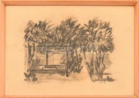 Olvashatatlan jelzéssel: Ház a fák között. Szén, papír. Üvegezett fa keretben. 29x42 cm