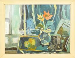 Dallos Lívia (1927-): Csendélet. Olaj, farost, jelzett. Hátoldalán Képcsarnok Vállalat címkéjével. Ü...